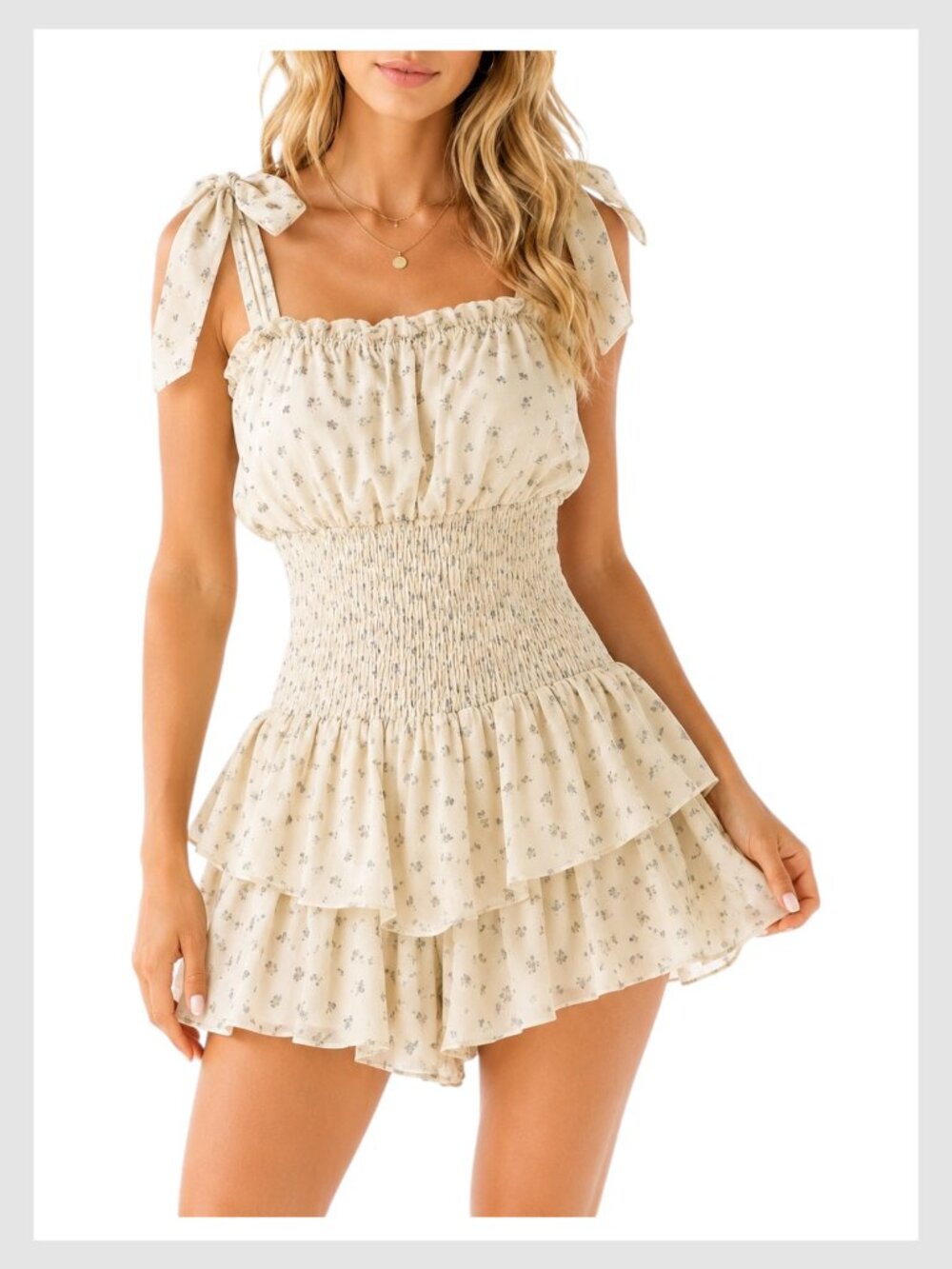 Floral Tie Shoulder Romper Smocked Ruffle XS